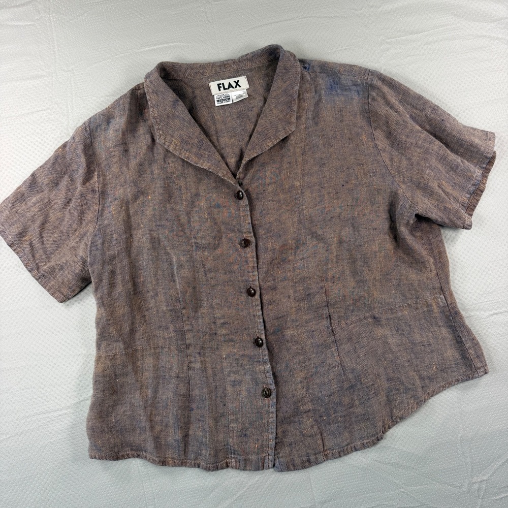 FLAX Womens Medium Brown Purple Linen Short Sleeve Button Front Top Blouse Shirt